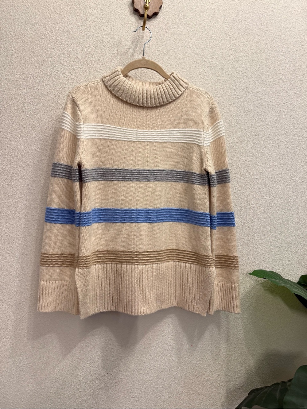 Talbots Funnel Neck Multi Stripe Sweater Cream Blue XS
